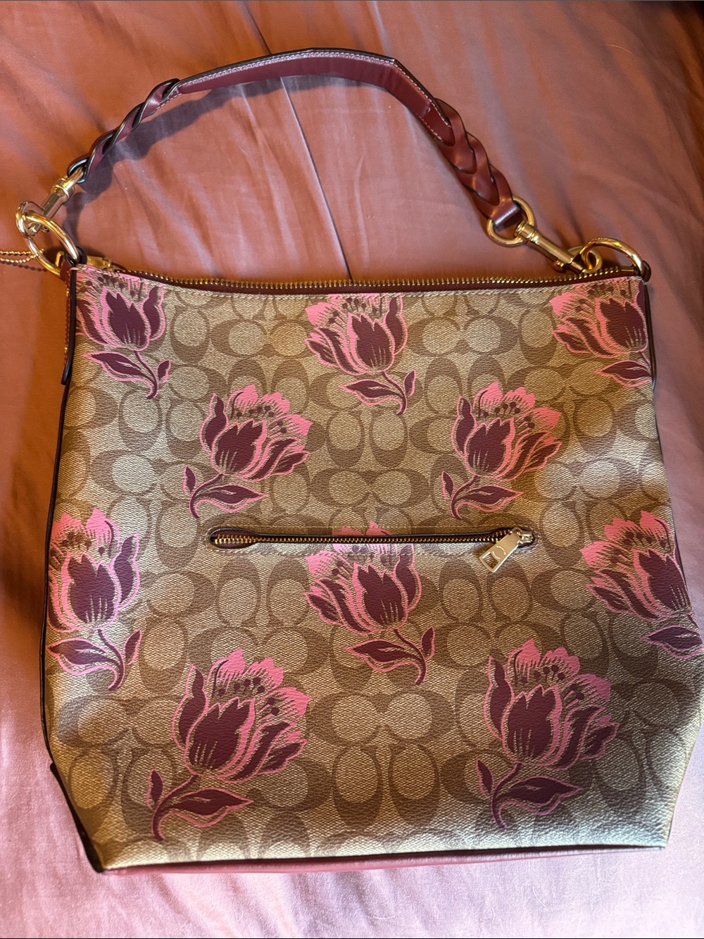 Coach Brown Signature Tote with Pink Floral Print and Gold Hardware